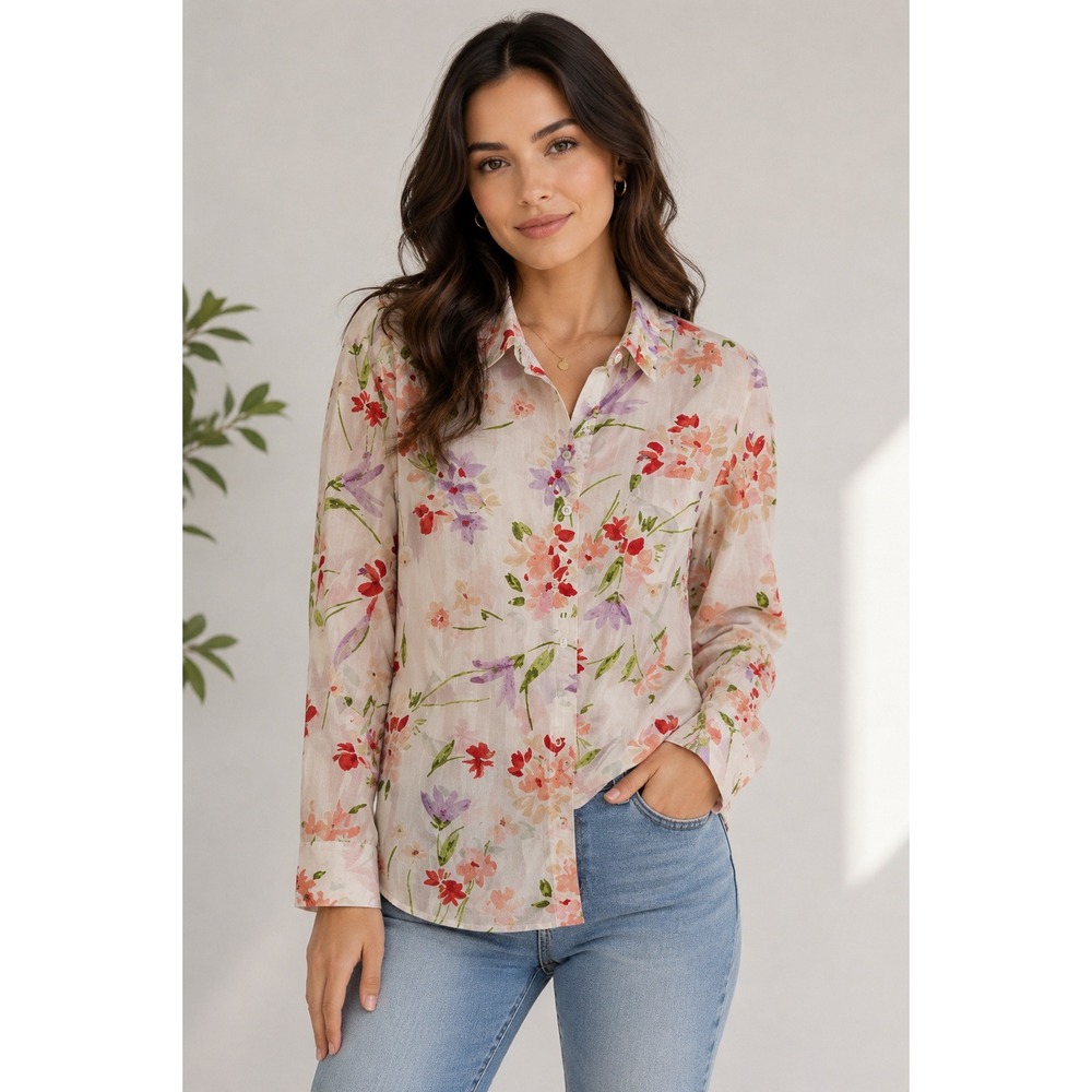 Fat Face Floral Watercolor Button Down Shirt White Pink Cotton US 10 Classic Fit